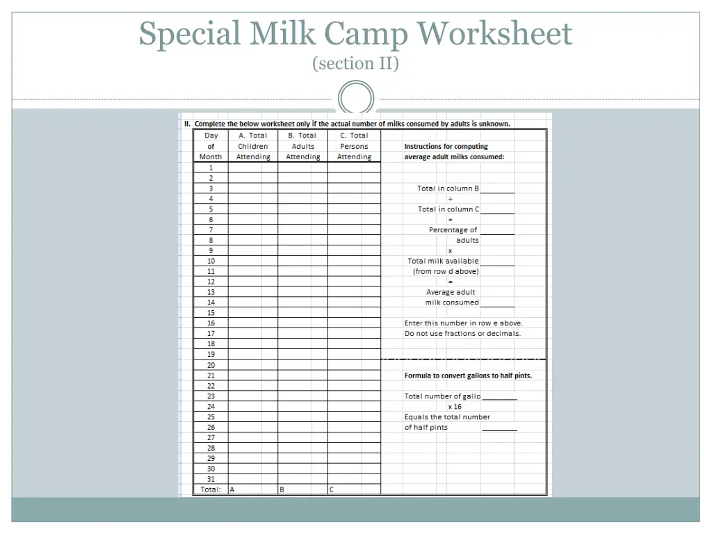 special milk camp worksheet section ii