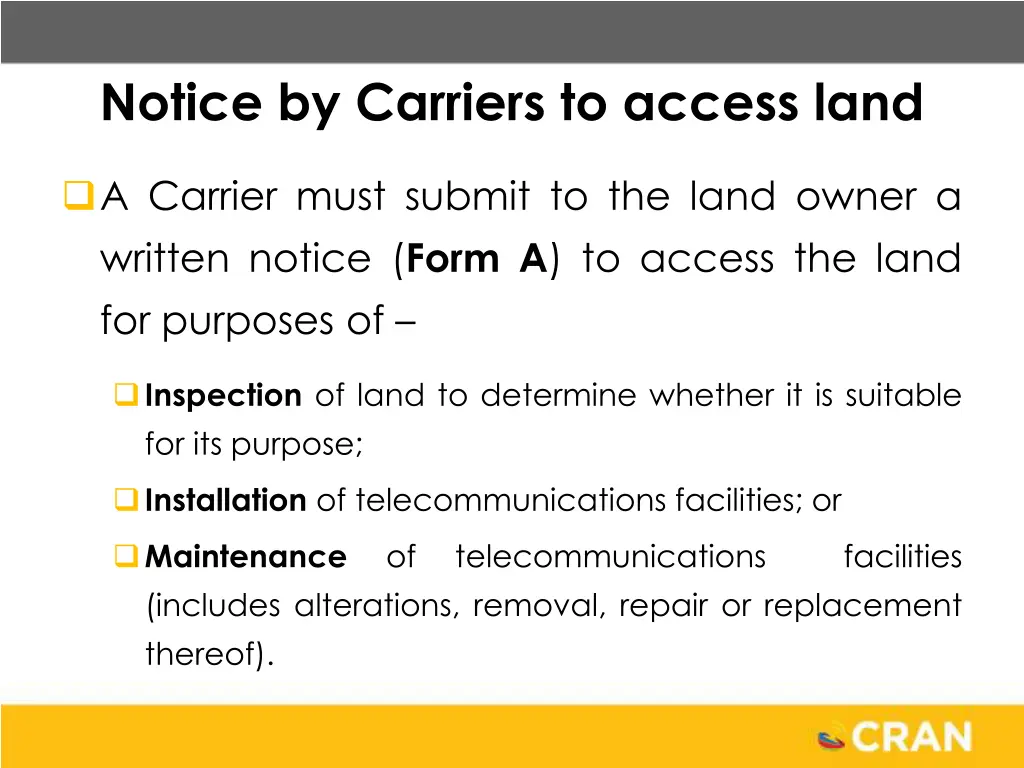 notice by carriers to access land