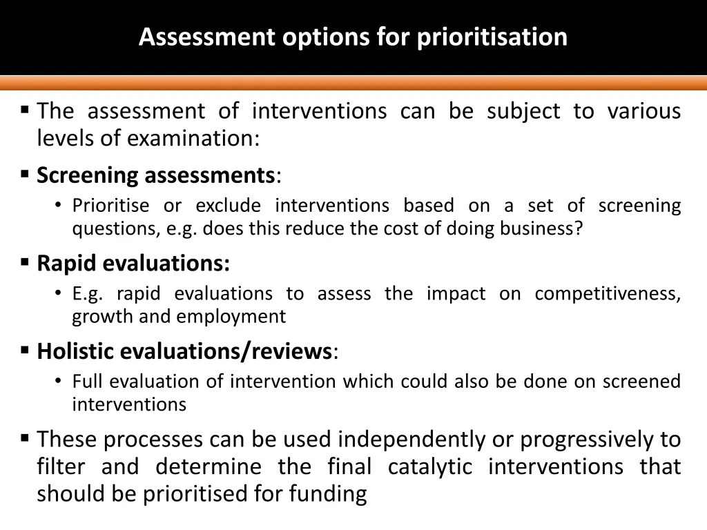 assessment options for prioritisation