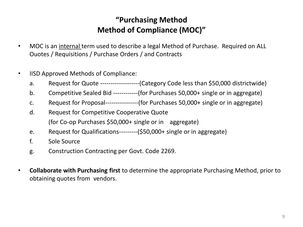 purchasing method method of compliance moc