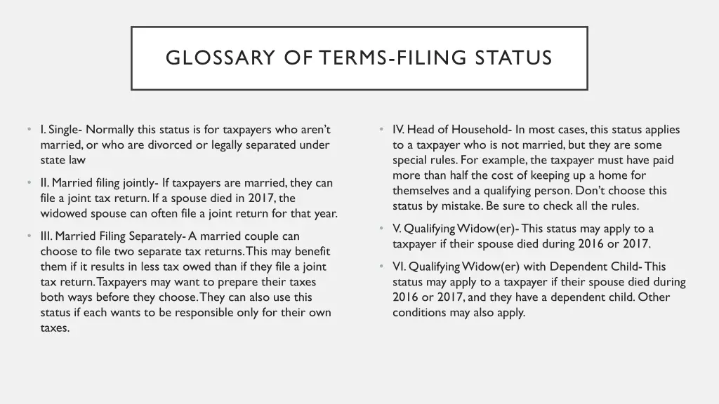 glossary of terms filing status