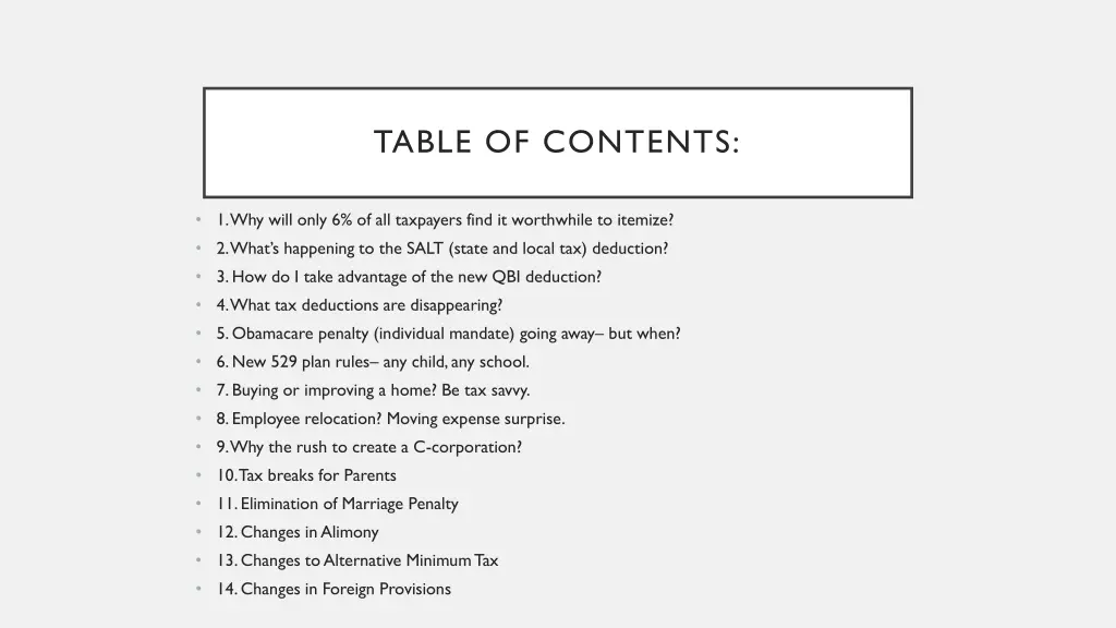 table of contents