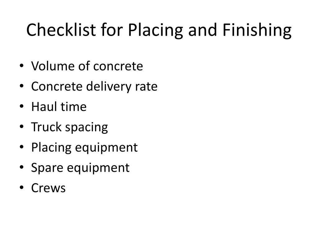 checklist for placing and finishing