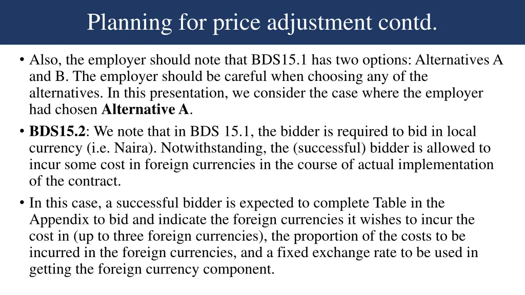 planning for price adjustment contd