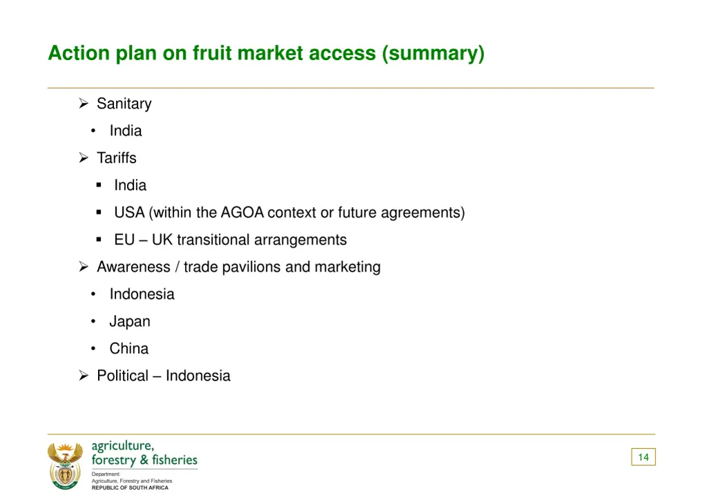 action plan on fruit market access summary