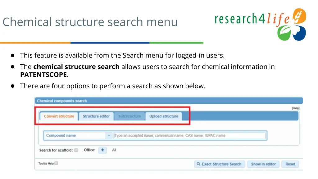 chemical structure search menu