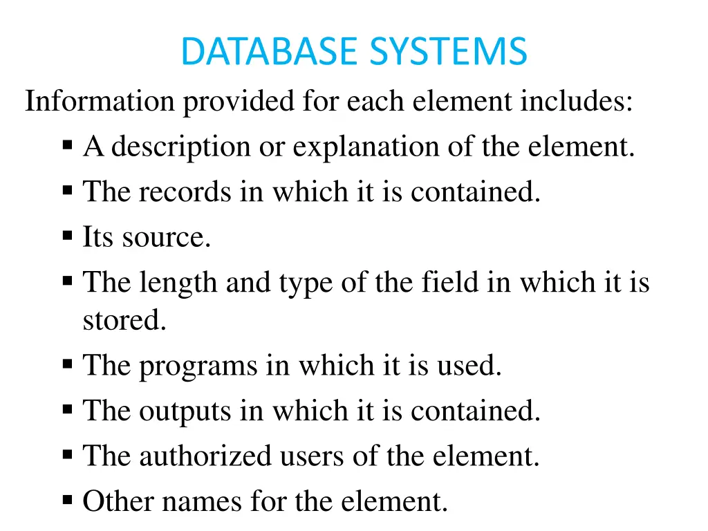 database systems information provided for each