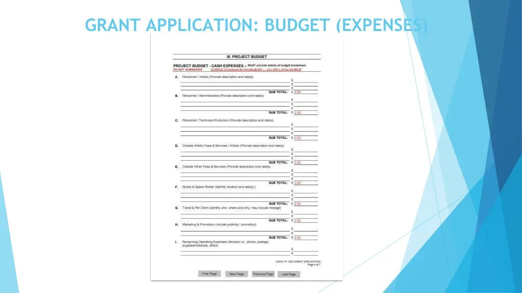 grant application budget expenses