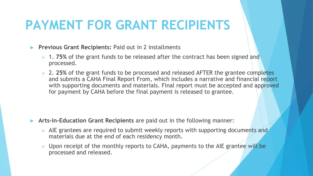 payment for grant recipients