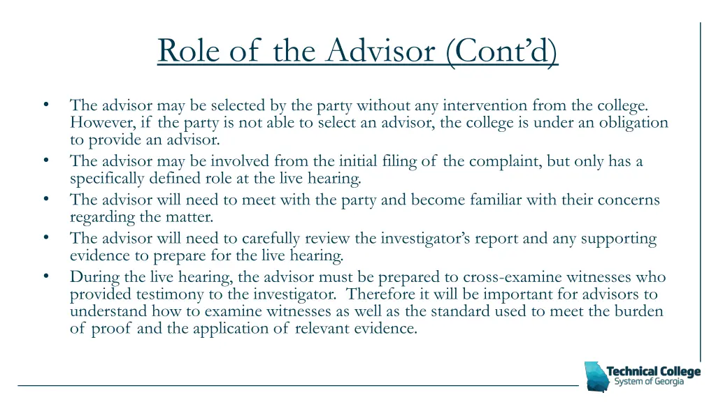 role of the advisor cont d