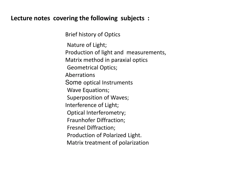 lecture notes covering the following subjects