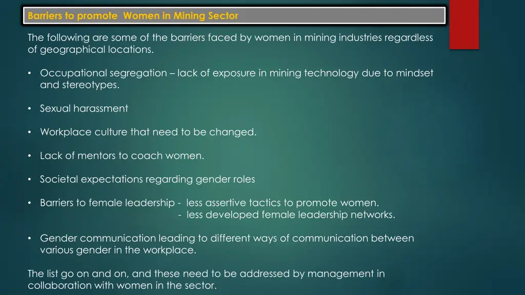 barriers to promote women in mining sector