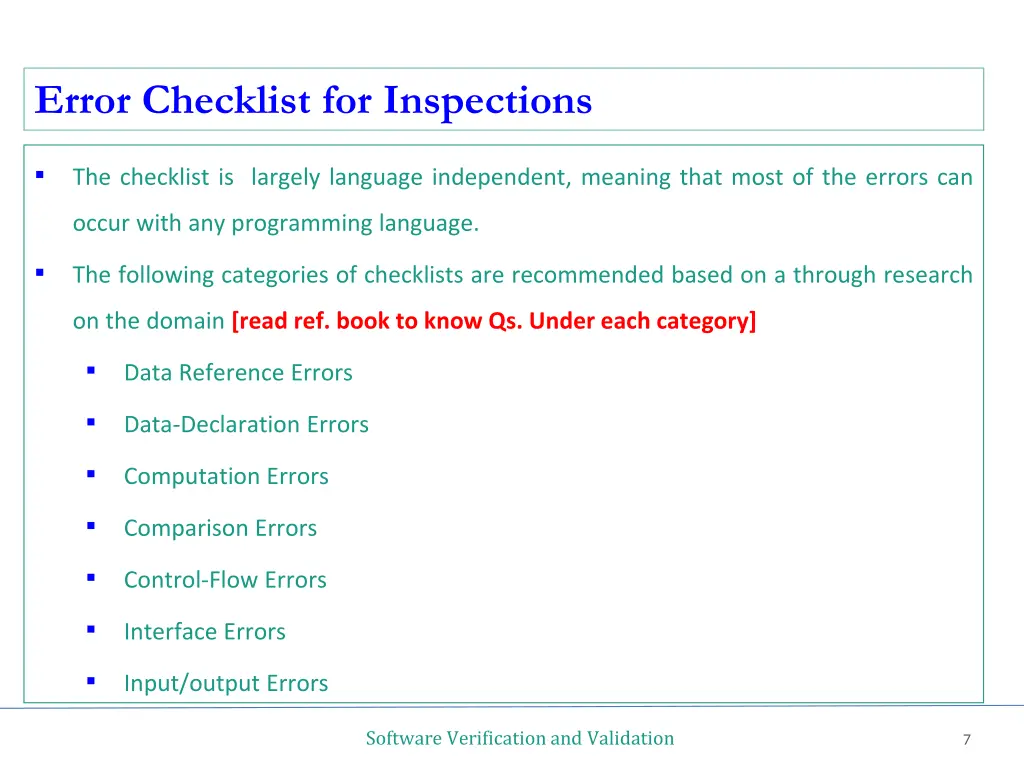 error checklist for inspections