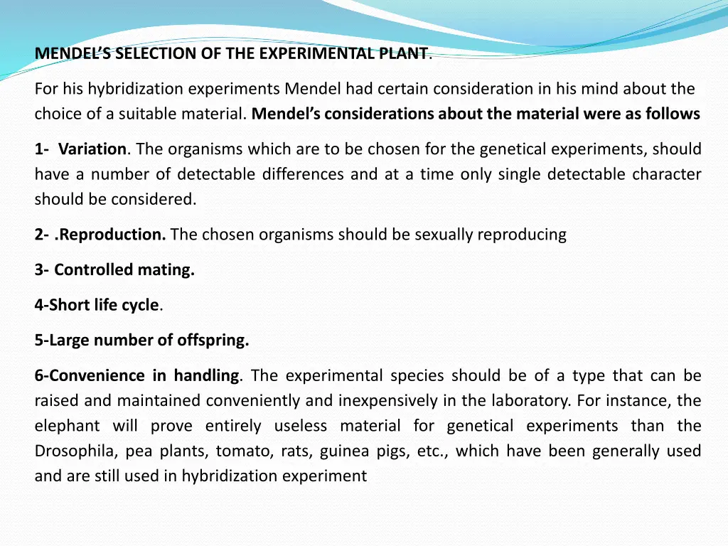 mendel s selection of the experimental plant