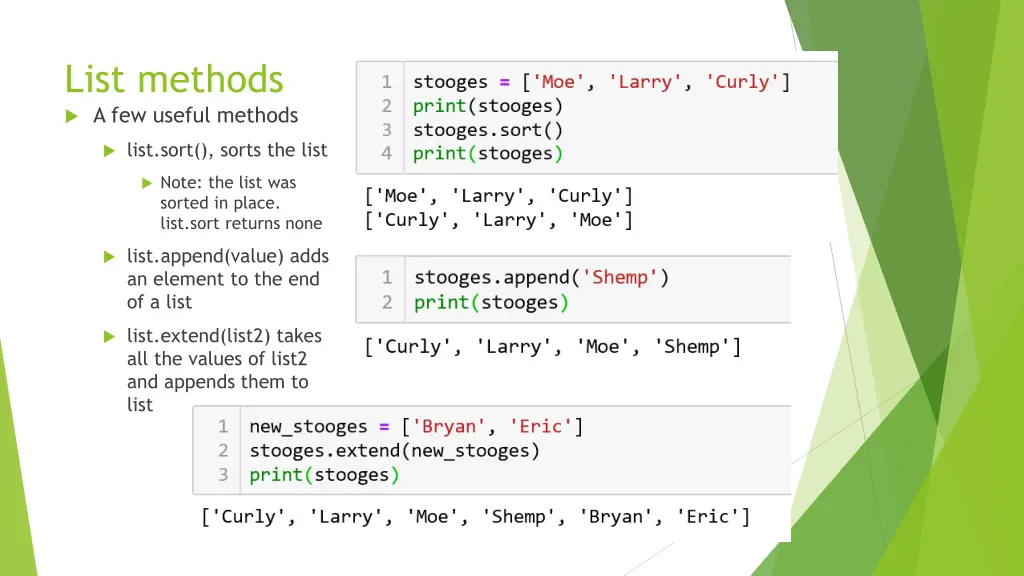 list methods a few useful methods