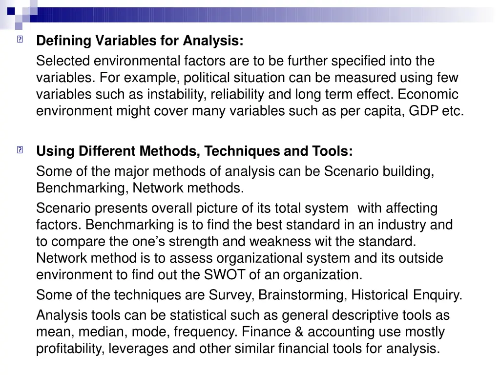 defining variables for analysis selected