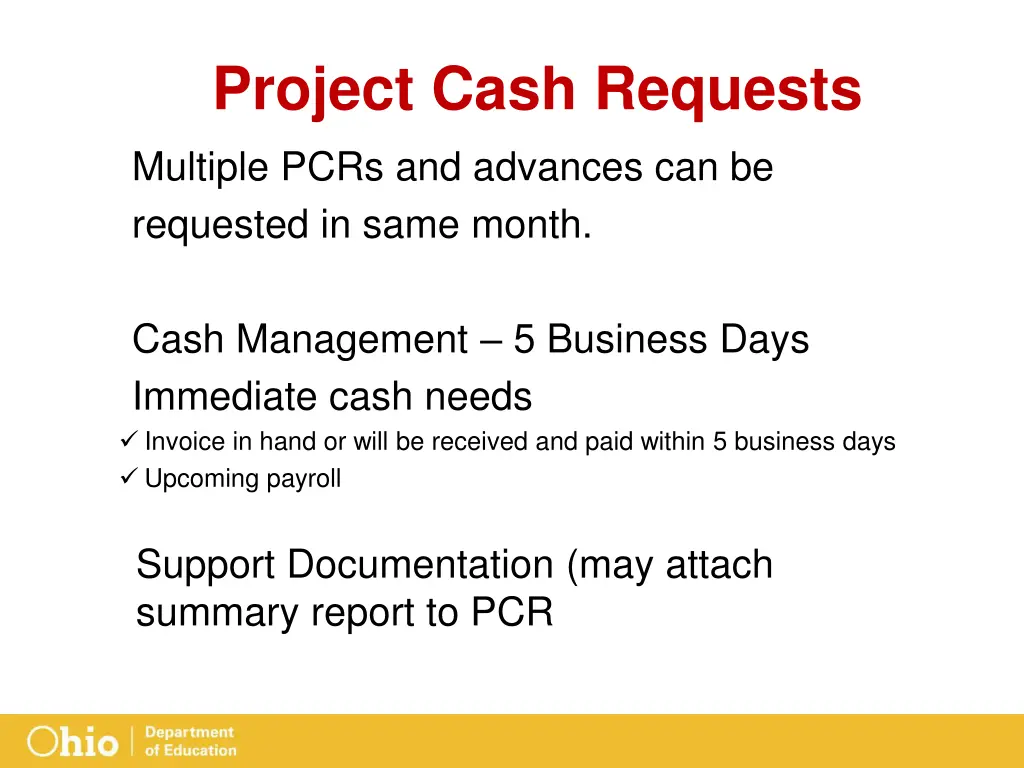 project cash requests multiple pcrs and advances