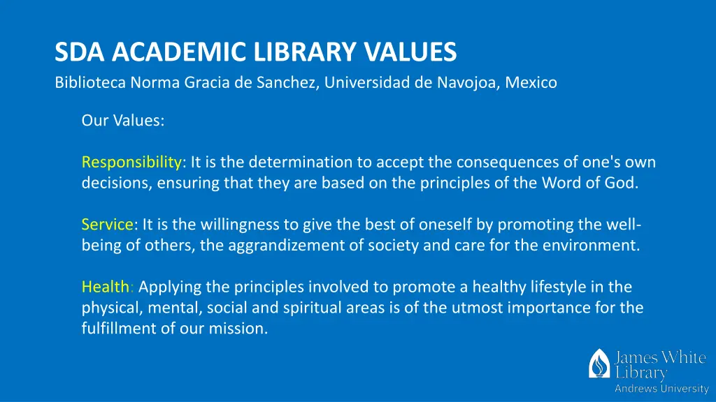 sda academic library values biblioteca norma