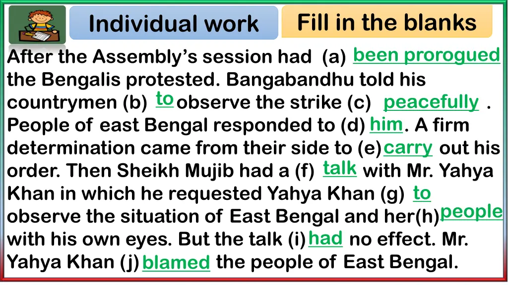 individual work after the assembly s session