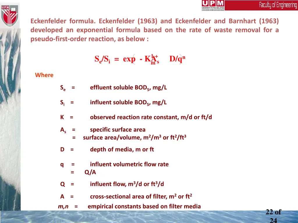 eckenfelder formula eckenfelder 1963