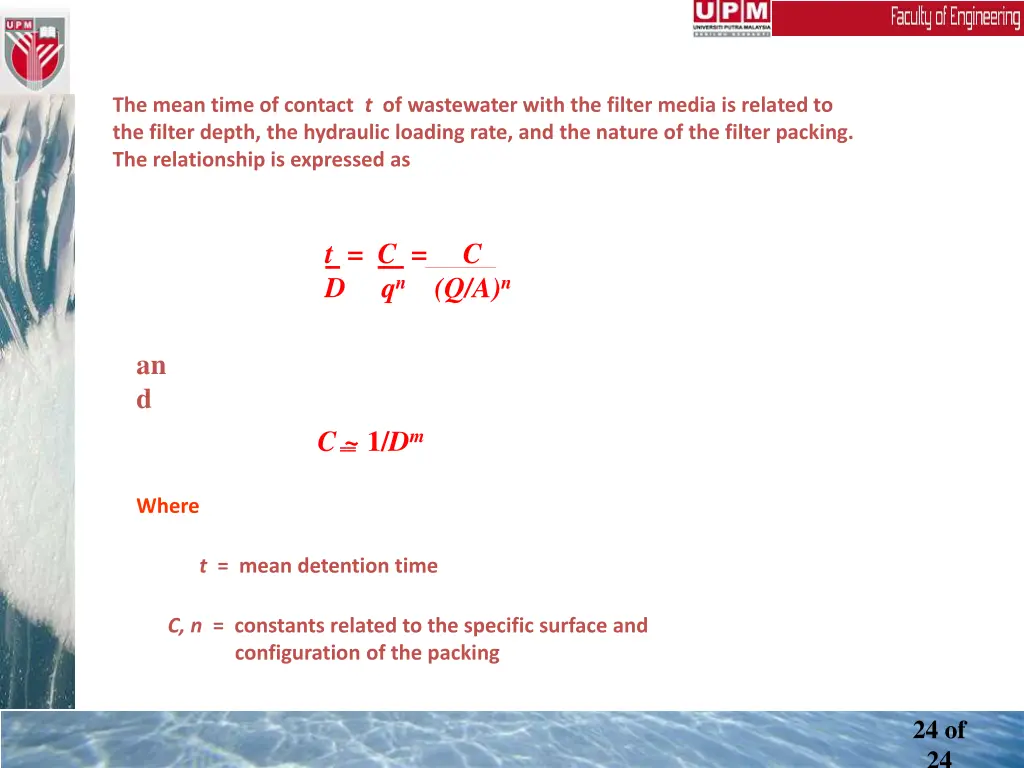 the mean time of contact t of wastewater with