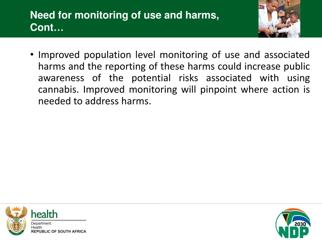 need for monitoring of use and harms cont