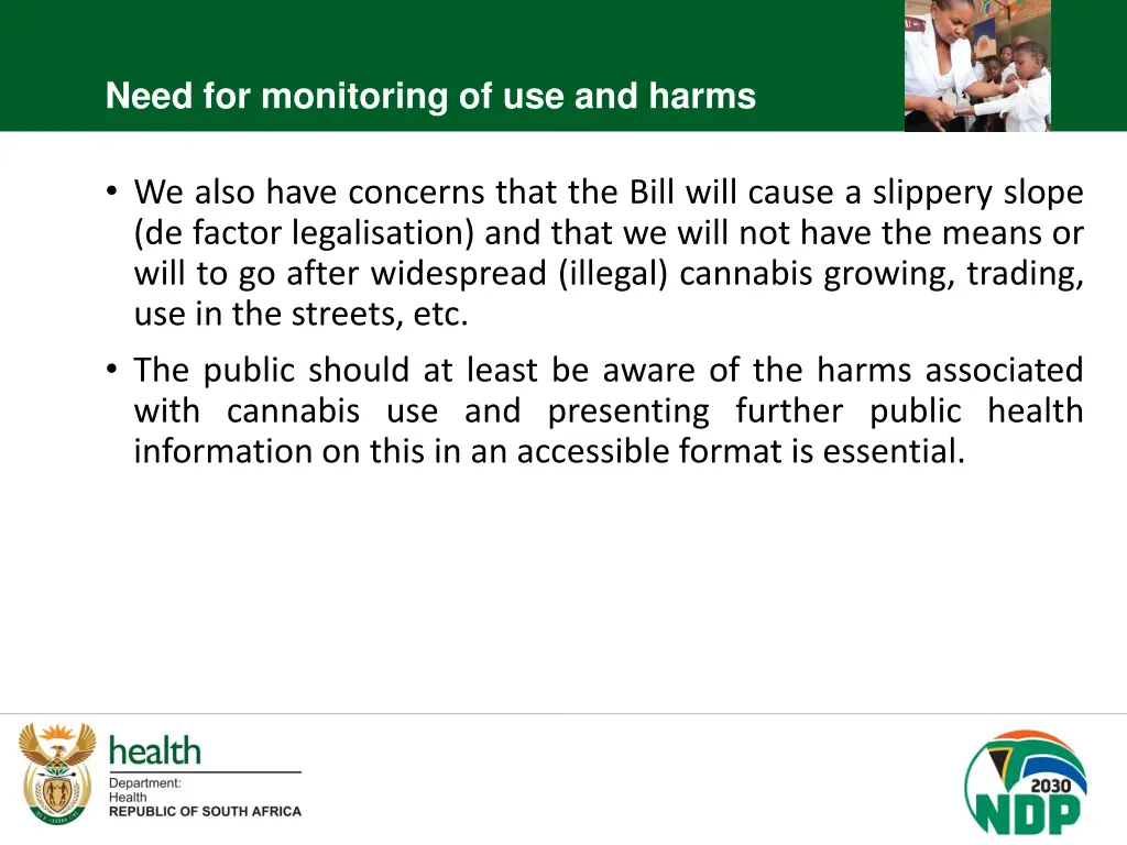 need for monitoring of use and harms