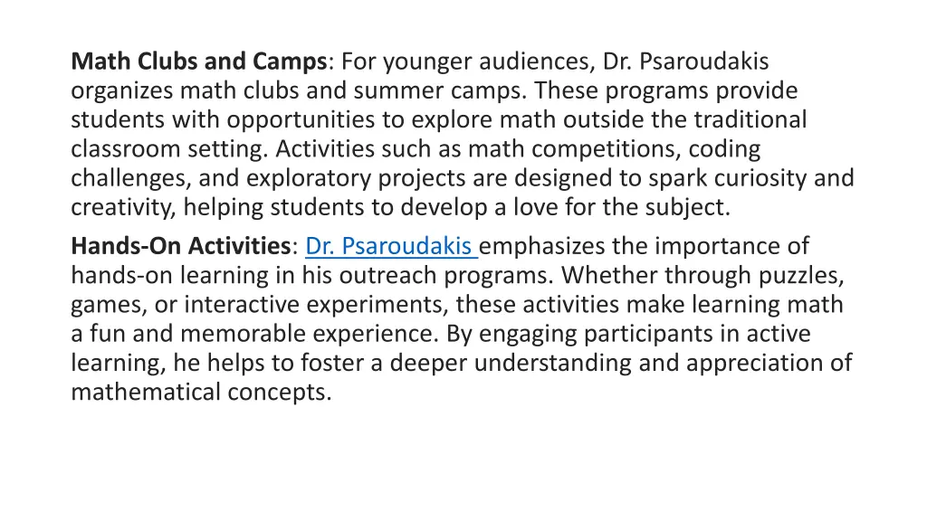 math clubs and camps for younger audiences