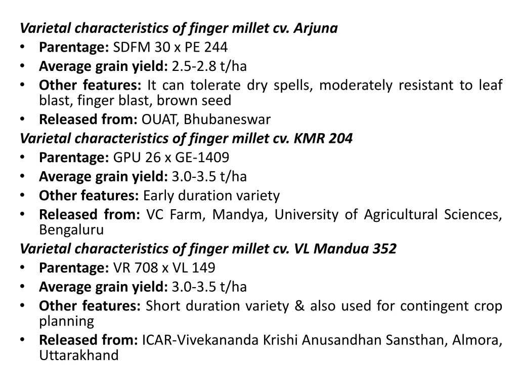 varietal characteristics of finger millet