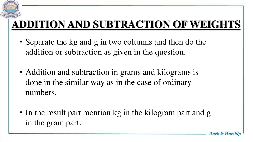 addition and subtraction of weights