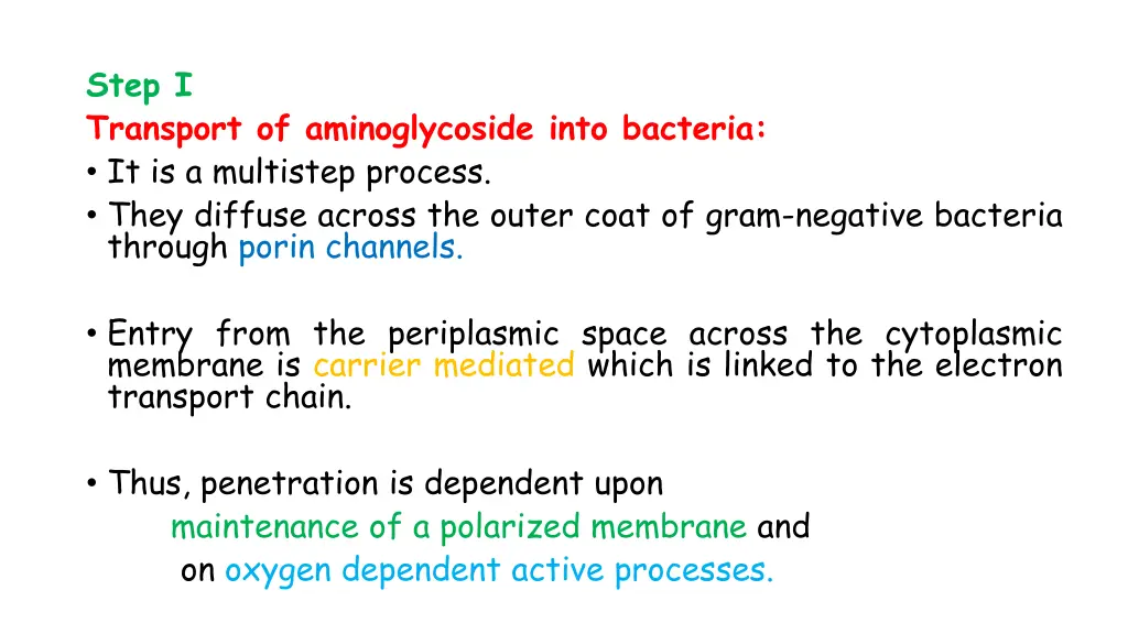 step i transport of aminoglycoside into bacteria