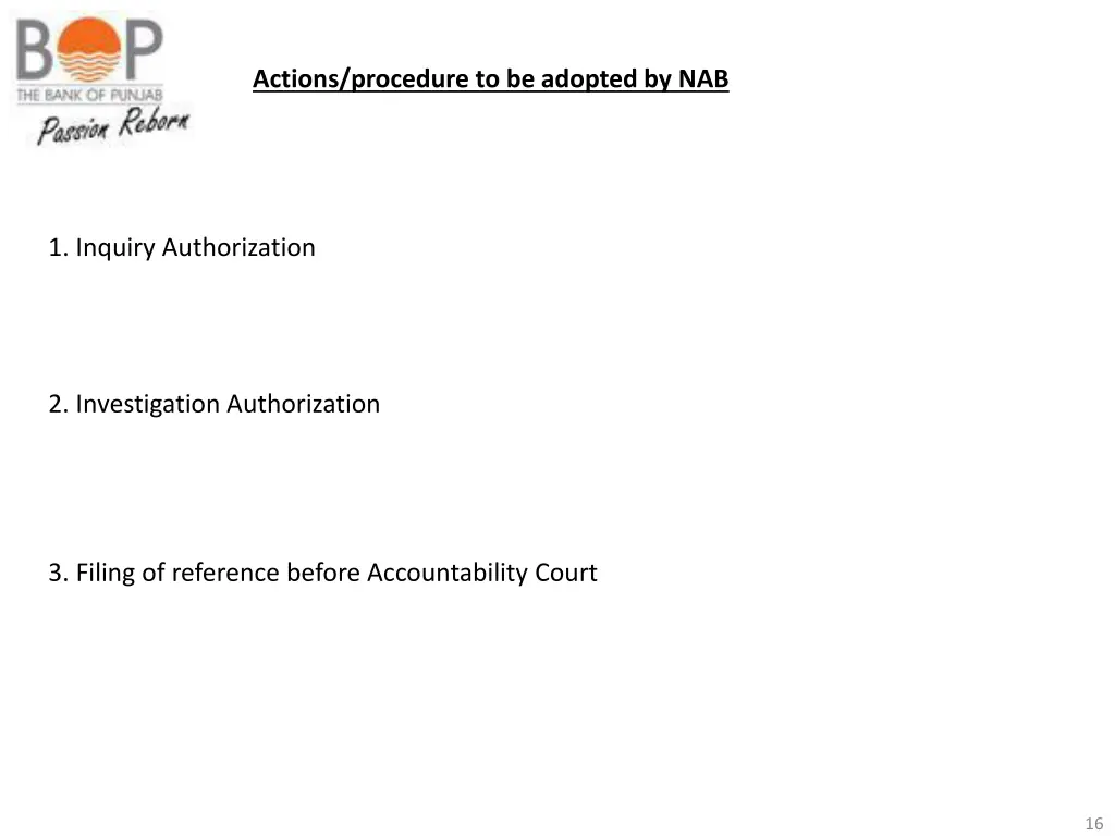 actions procedure to be adopted by nab