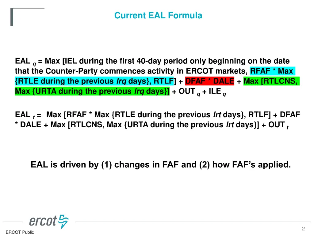 current eal formula