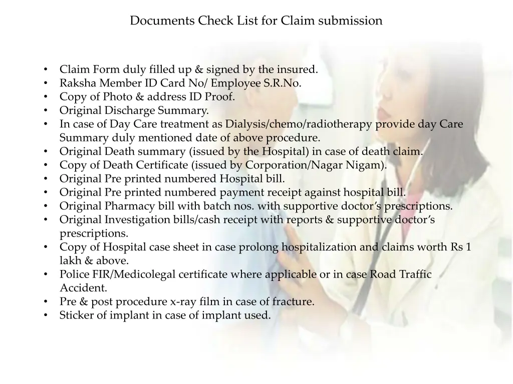 documents check list for claim submission