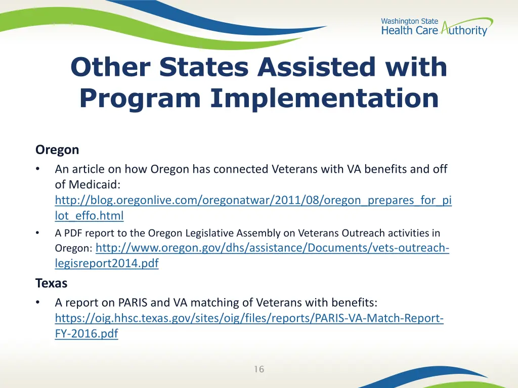 other states assisted with program implementation