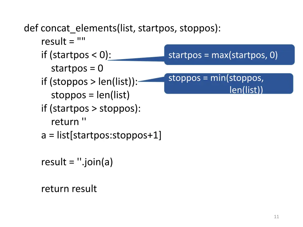 def concat elements list startpos stoppos result 1