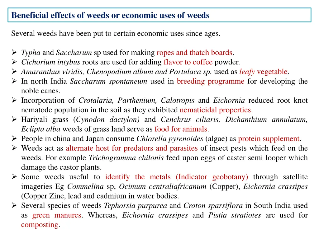 beneficial effects of weeds or economic uses