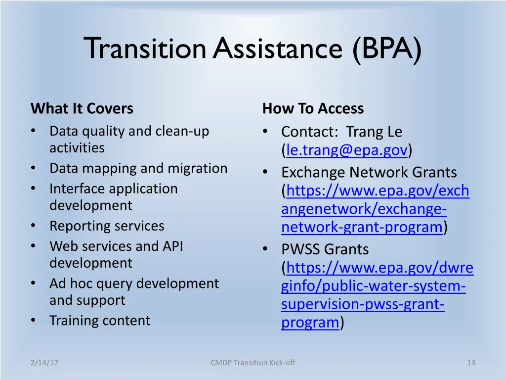 transition assistance bpa