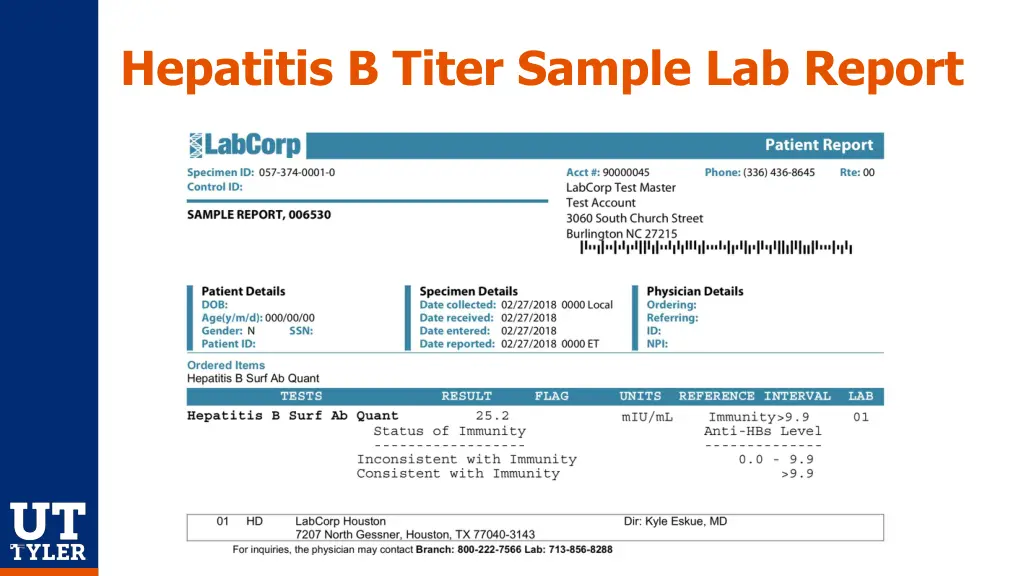 hepatitis b titer sample lab report