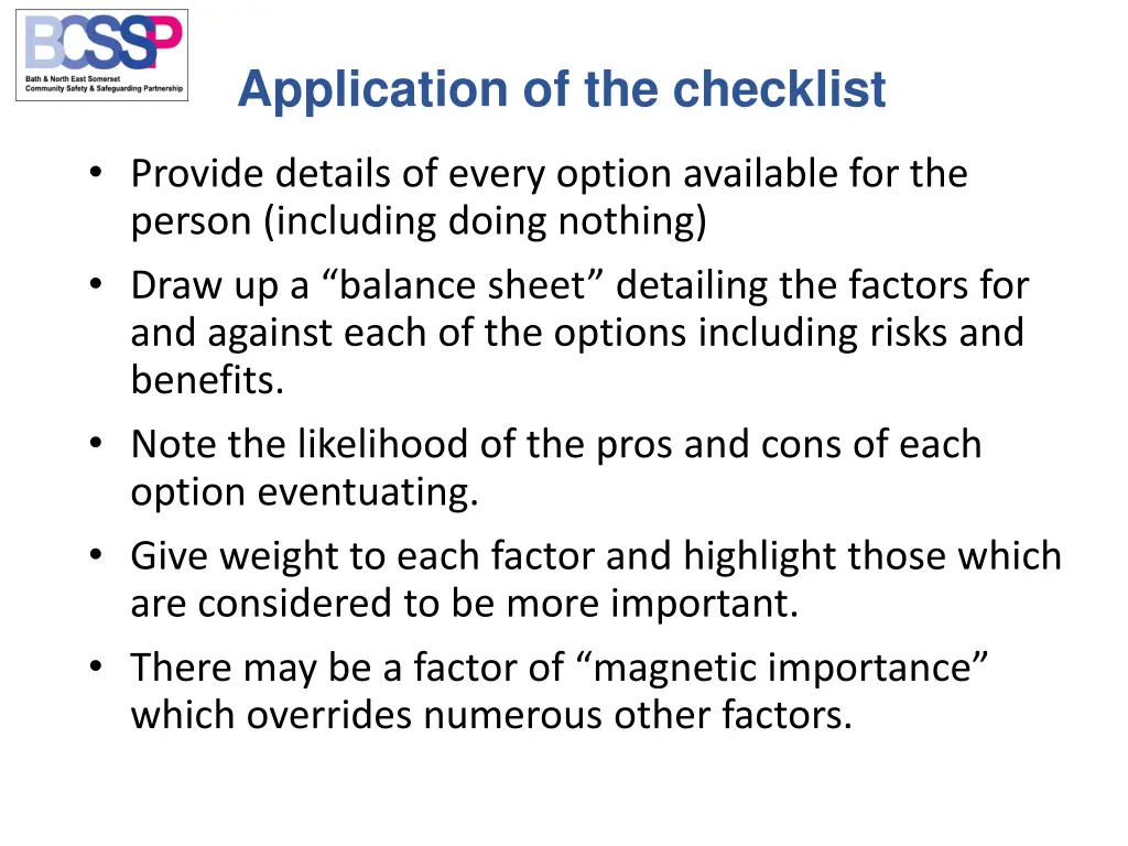 application of the checklist