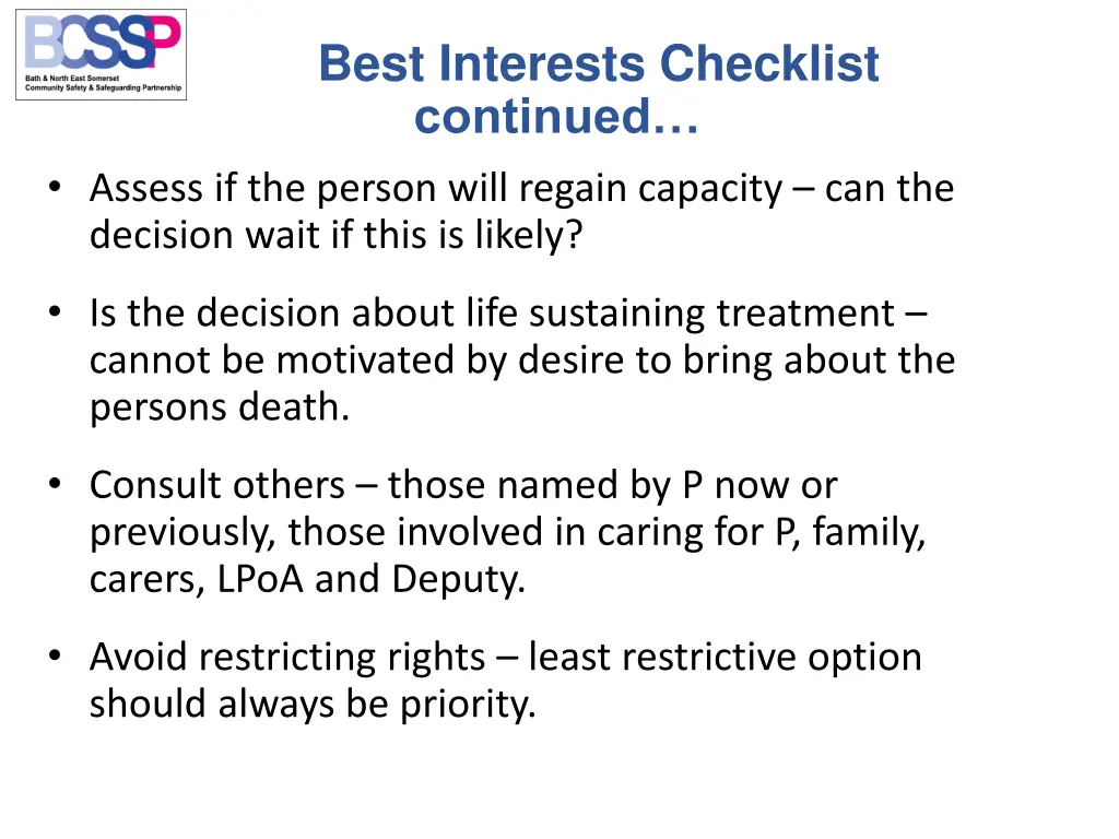 best interests checklist continued assess