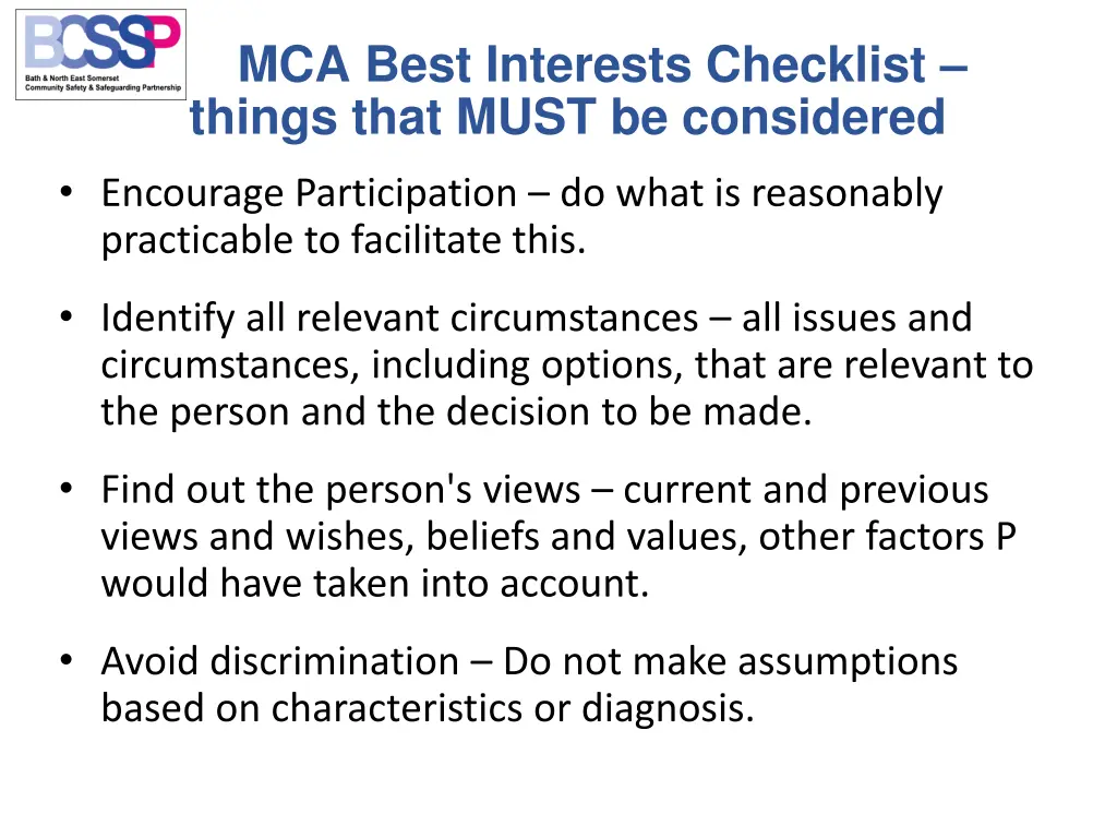 mca best interests checklist things that must