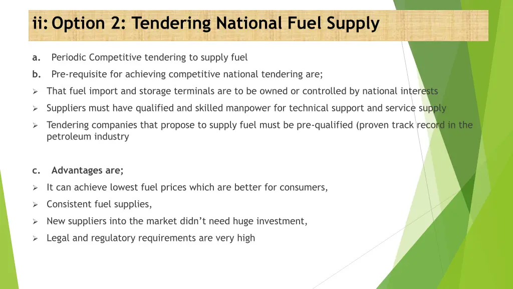 ii option 2 tendering national fuel supply