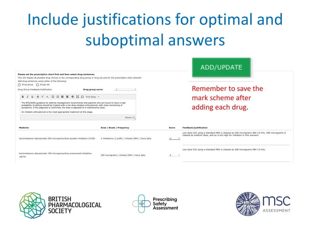 include justifications for optimal and suboptimal