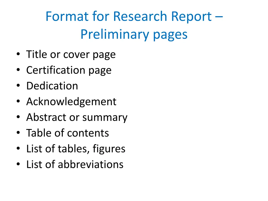 format for research report preliminary pages