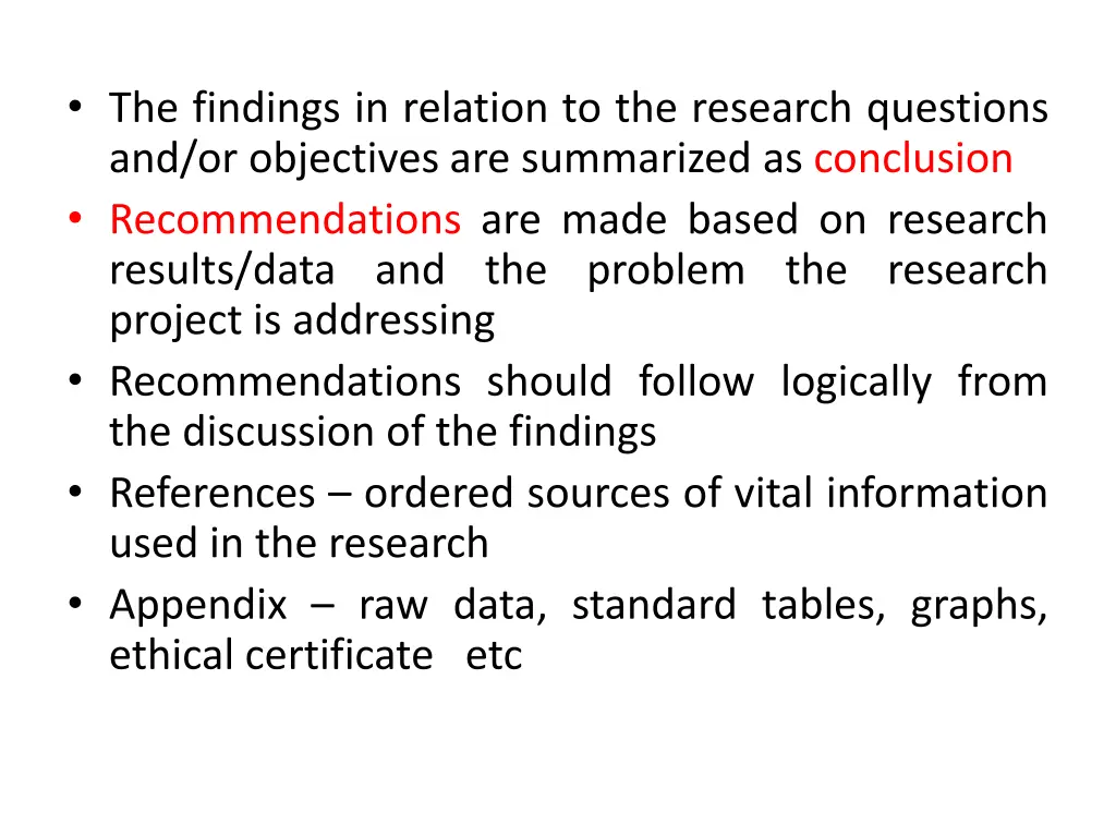 the findings in relation to the research