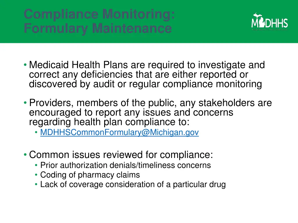 compliance monitoring formulary maintenance