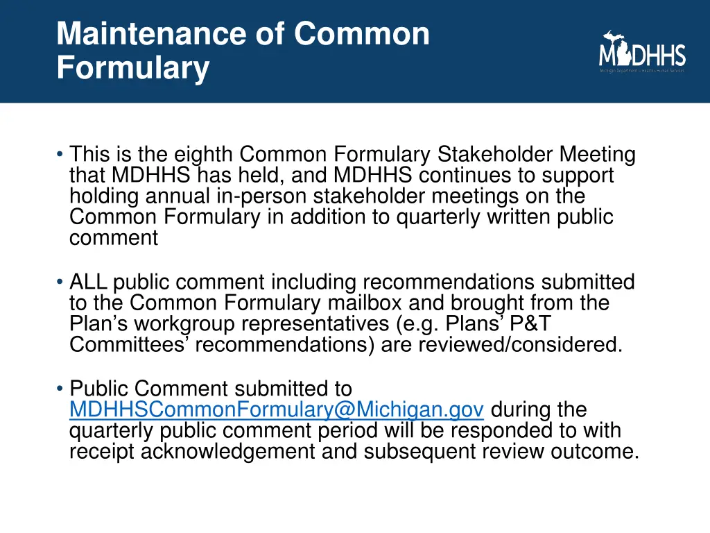 maintenance of common formulary 1