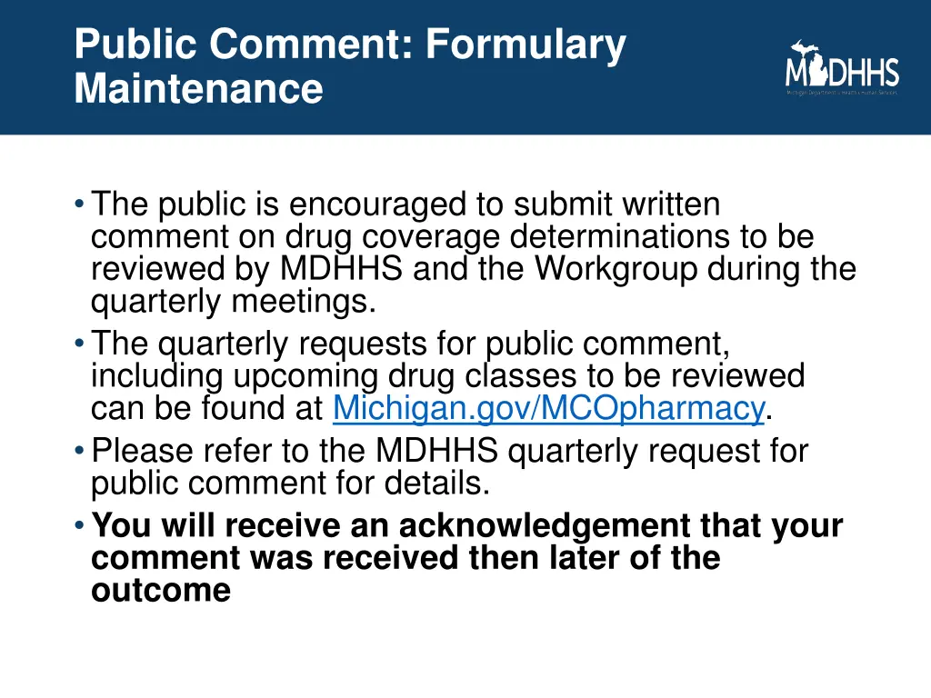 public comment formulary maintenance