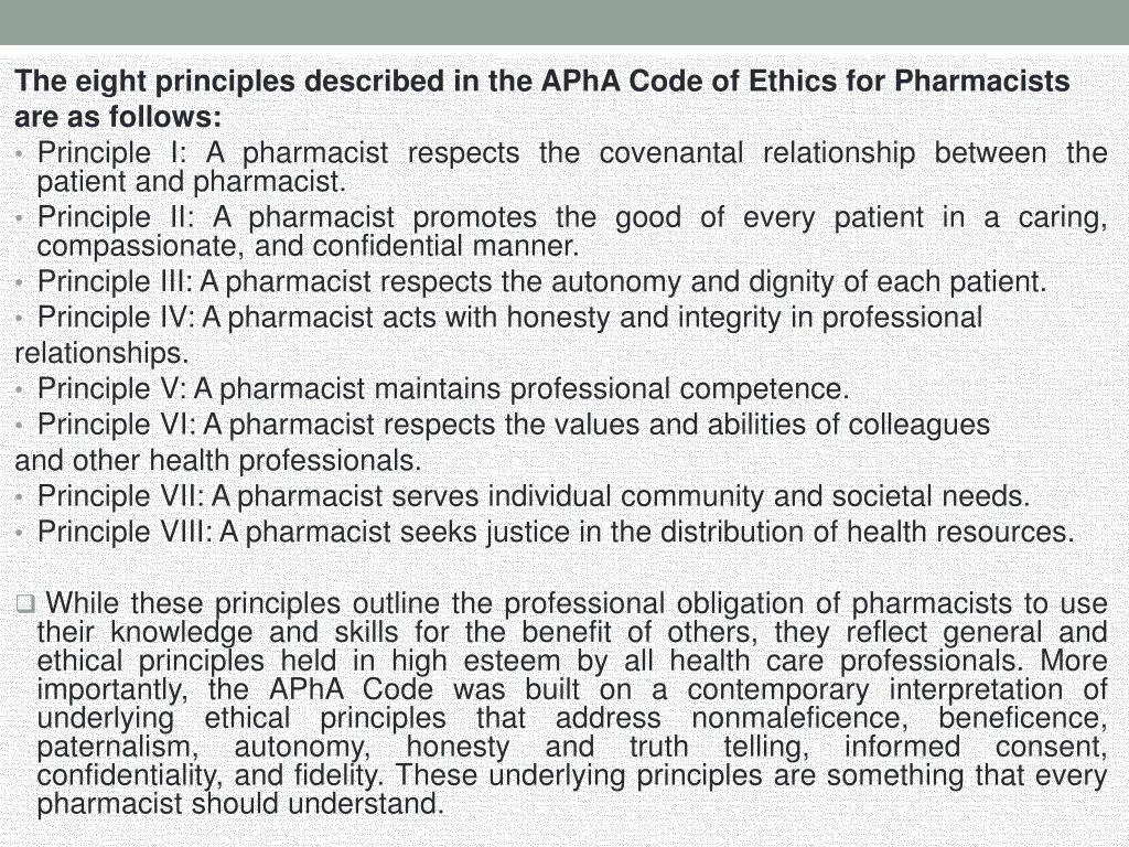 the eight principles described in the apha code